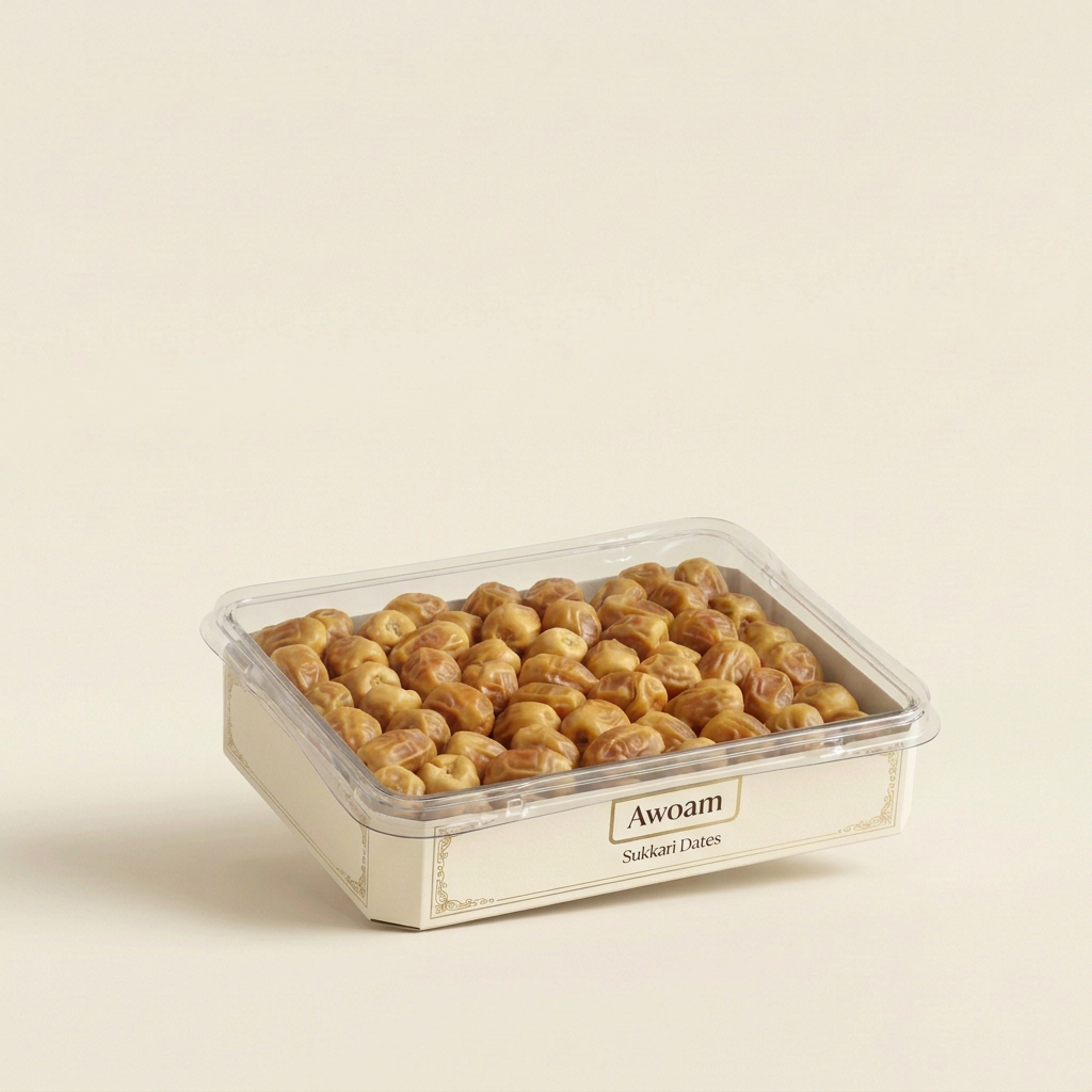 Awoam Sukkari dates packaging concept in lightweight plastic tray without cardboard lid