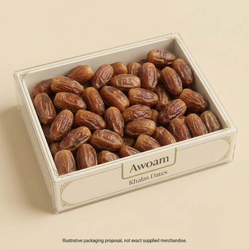 Awoam Khalas loose dates packaging concept with lid removed