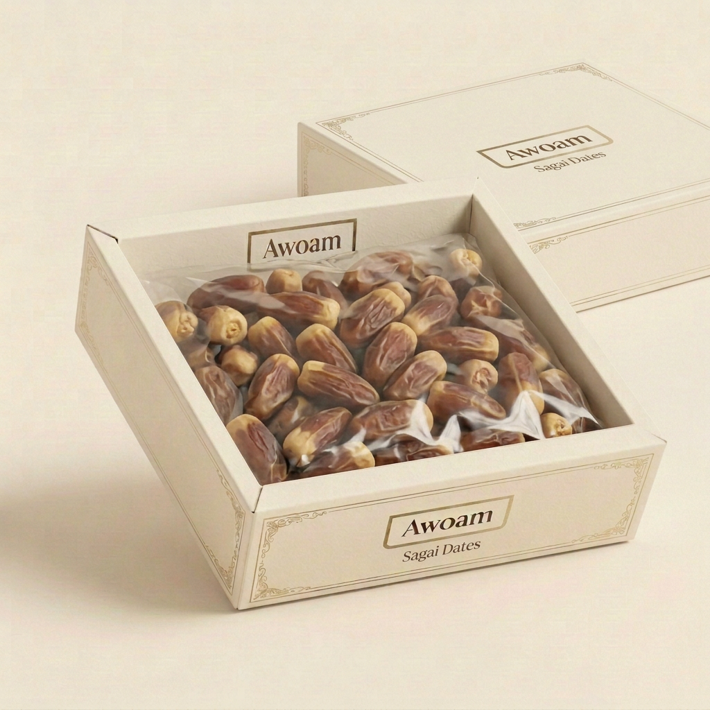AI-generated Awoam Sagai Dates packaging concept in an ivory carton enclosed in a clear flexible bag.