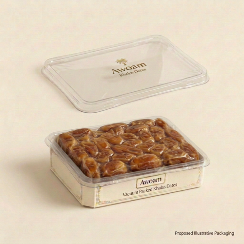 Awoam Khalas vacuum dates packaging concept with clear outer lid and fitted compressed date block