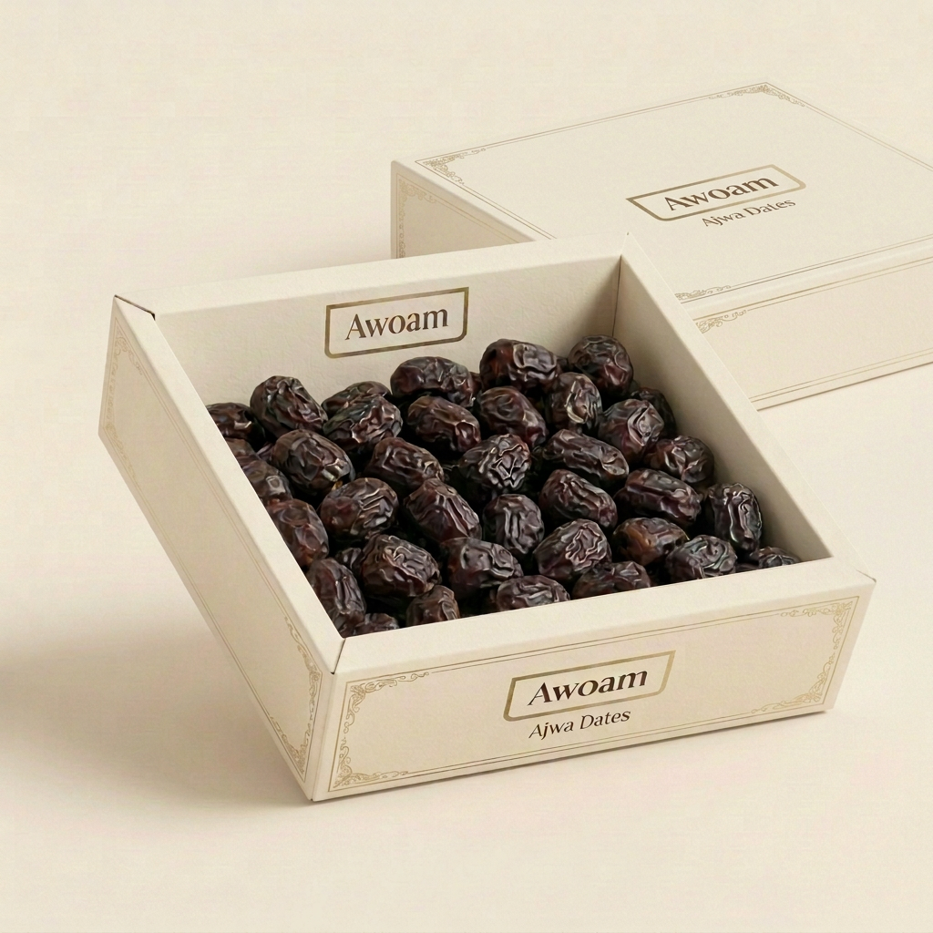 Awoam Ajwa loose-date carton concept with matching ivory cardboard lid