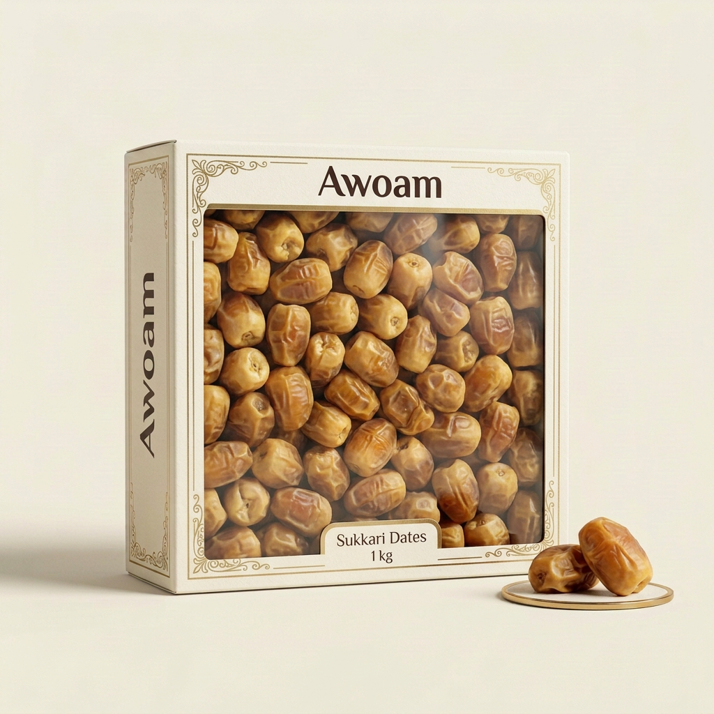 Awoam Sukkari Dates 1 kg transparent-front packaging concept