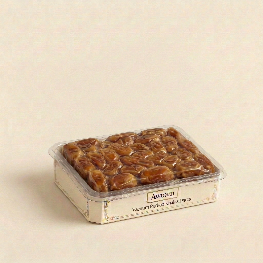 Awoam Khalas vacuum dates packaging concept without outer lid, inner vacuum bag sealed