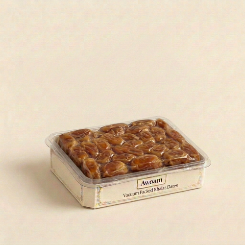 Awoam Khalas vacuum dates packaging concept without outer lid, inner vacuum bag sealed