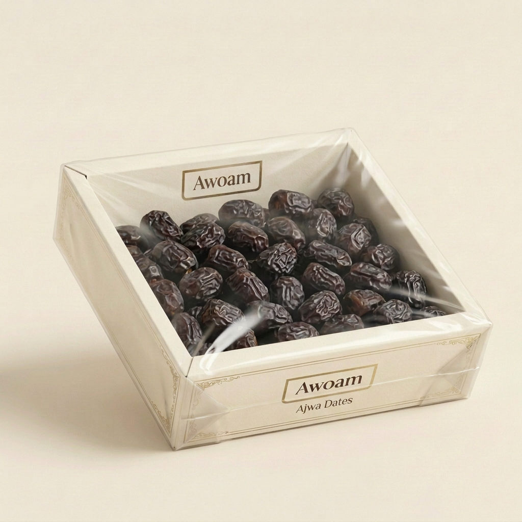 Awoam Ajwa loose-date carton concept sealed in clear flexible bag