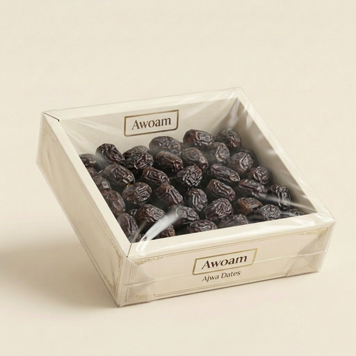 Awoam Ajwa loose-date carton concept sealed in clear flexible bag