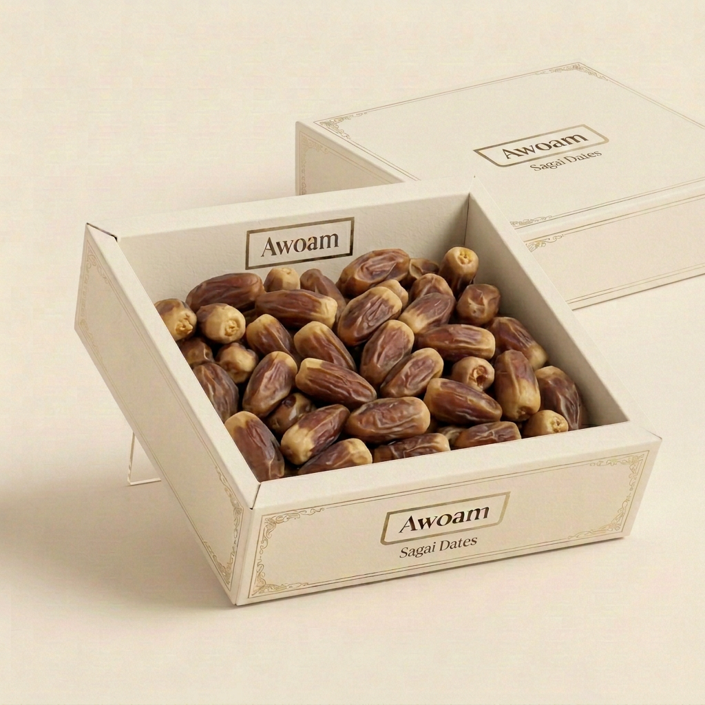 AI-generated Awoam Sagai Dates packaging concept showing an open ivory carton with matching cardboard lid separate.