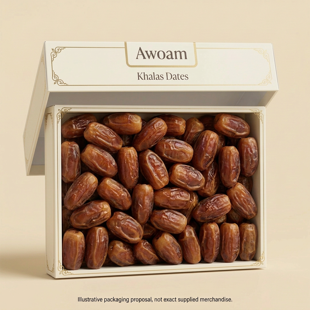 Awoam Khalas dates packaging concept, angled box and detached tilted lid