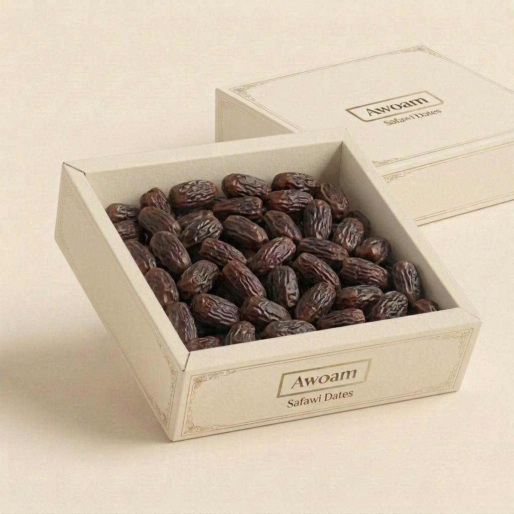 AI-generated Awoam Safawi Dates packaging concept: full open ivory carton without film and separate matching cardboard lid.