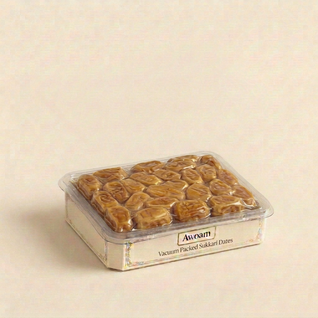 Awoam Sukkari vacuum dates concept without outer lid, inner vacuum bag sealed