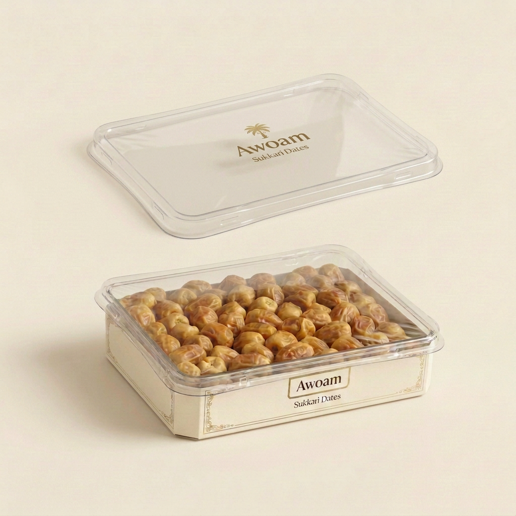 Awoam Sukkari dates packaging concept with transparent plastic lid and gold wordmark