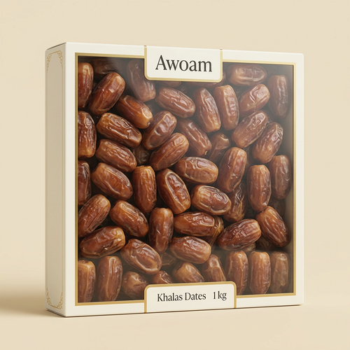 Awoam Khalas Dates 1 kg transparent-front packaging concept